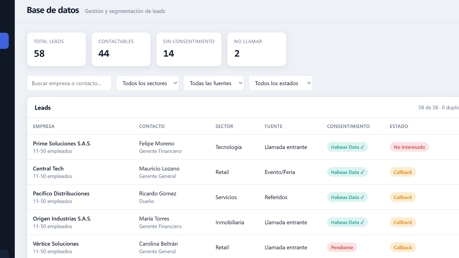 Vista referencial de solución para seguimiento comercial